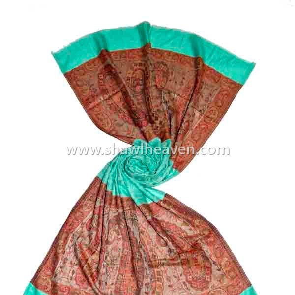 Bright turquoise fine wool stole with artistic paisley border